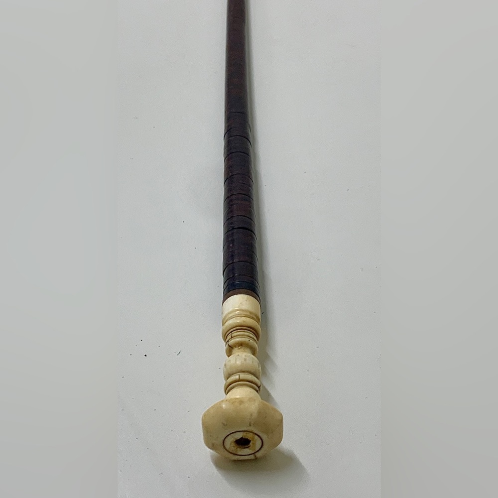 19th Century Antique Turned Bone Stacked Leather Walking Stick England